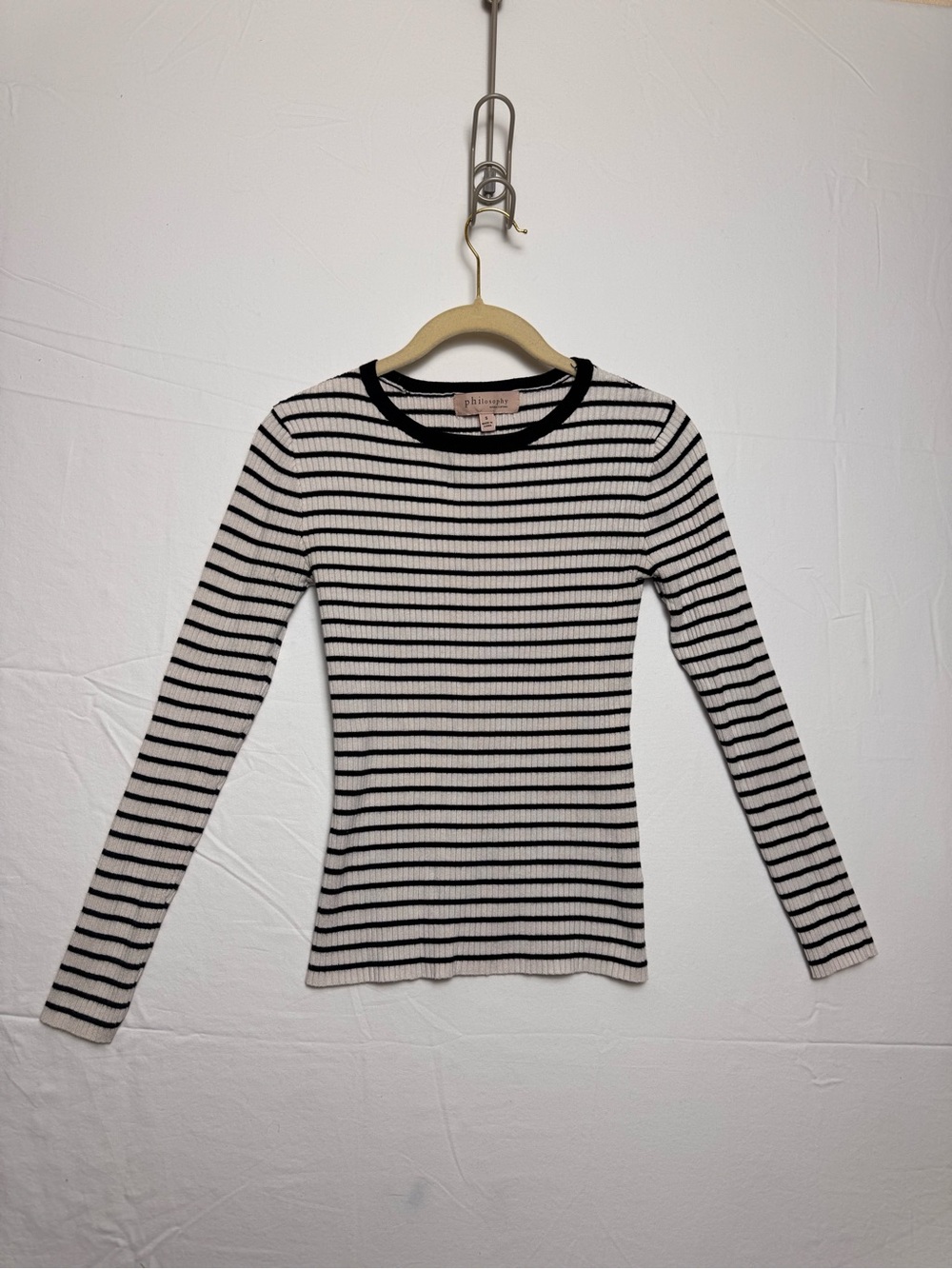 Striped Long-Sleeve Ribbed Crewneck Top - Black & Cream Small